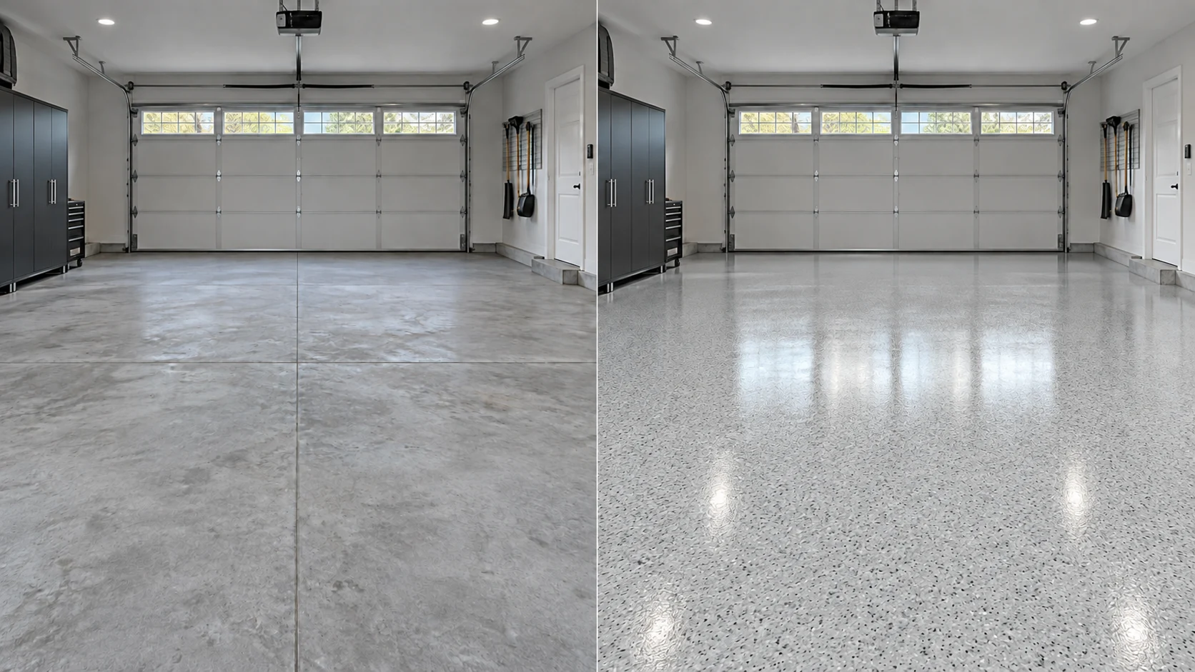 Conceptual side-by-side indoor garage: bare concrete before and glossy CG-09 light gray, dark-speckled decorative flooring after