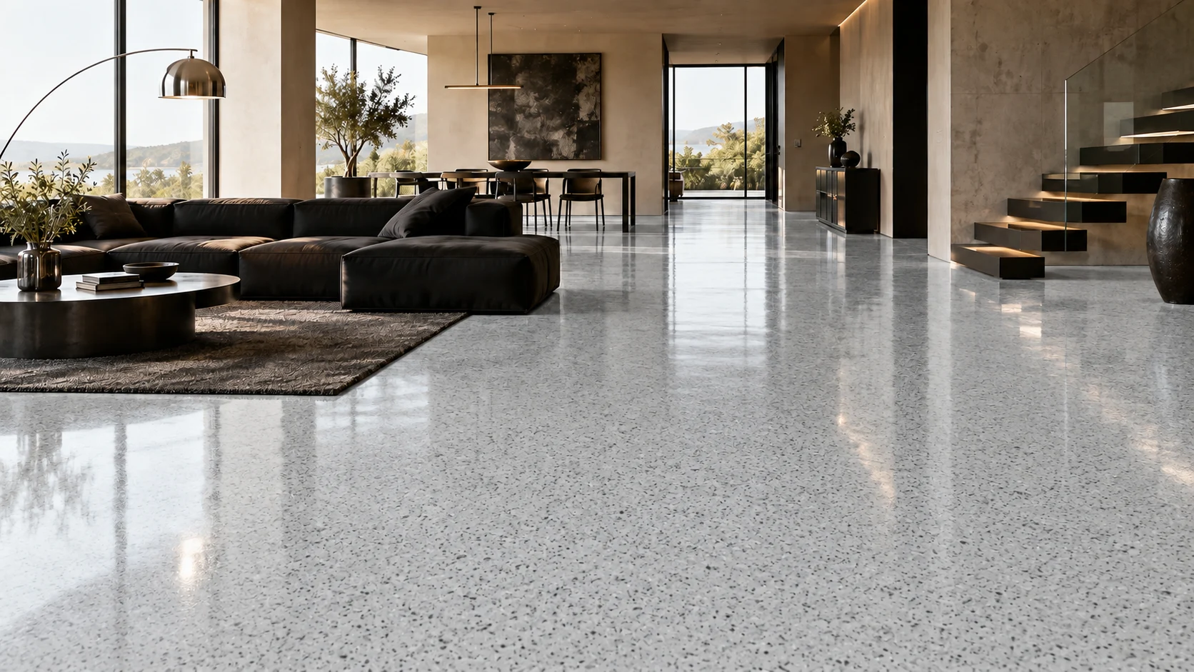 Illustrative modern interior with a glossy CG-09 light gray, dark-speckled decorative floor